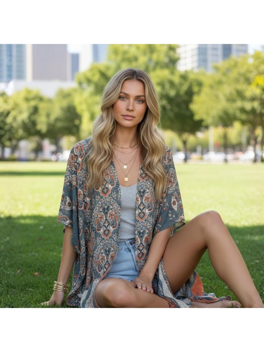 Women Rz Misty Blue Viscose Summer Lightweight Boho Kimono Cardigan Cover up - Picture 3 of 6